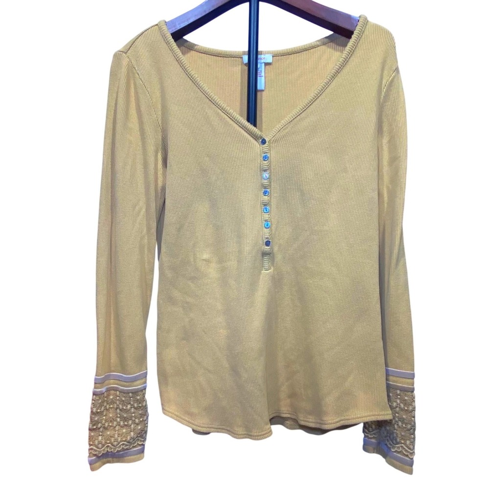 Sundance Mustard Yellow Waffle Knit Henley Top Lace Crochet‎ Cuff Women Large